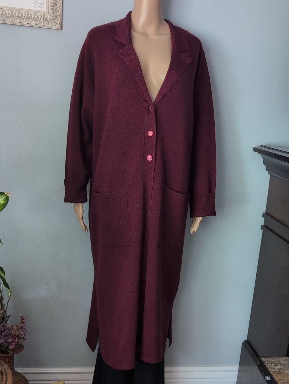 Cotton Ginny Plus Burgundy Knit Long Duster Cardigan Coat Lagenlook 1X - Picture 2 of 14